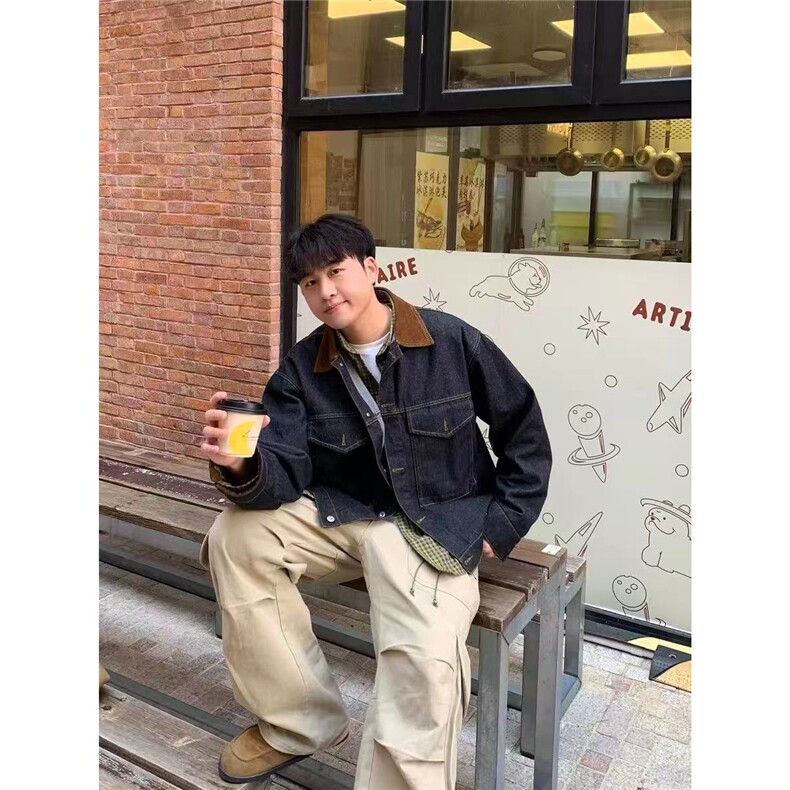 现货黑色牛仔翻领撞色工装夹克男JK96/P75,男装夹克,星座205-3