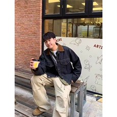 现货黑色牛仔翻领撞色工装夹克男JK96/P75，男装夹克，星座205-3