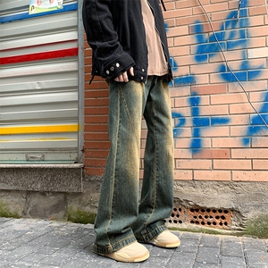 美式复古做旧牛仔裤潮流宽松休闲百搭直筒裤图片