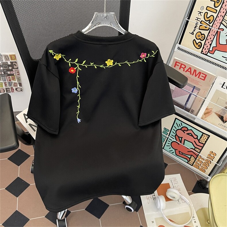 嘻哈美式高街花卉刺绣设计感短袖男潮宽松重磅情侣T恤GA83P36,男装T恤,星座1013-5