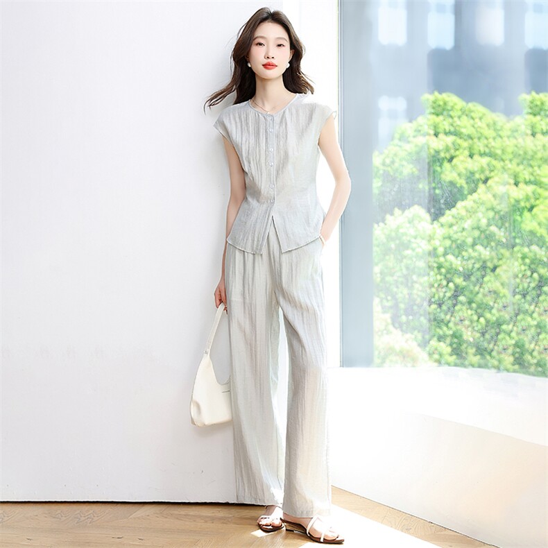 2025夏季新款通勤松弛感亚麻无袖上衣套装女搭配阔腿裤长裤两件套,女装套装/套裙,星宇服饰
