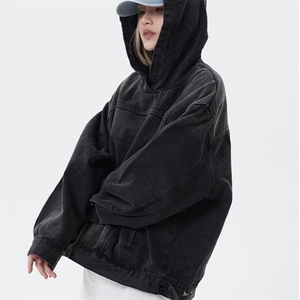 JK8605-P56美式高街牛仔连帽卫衣男女宽松情侣外套,红色长款大衣的搭配图片