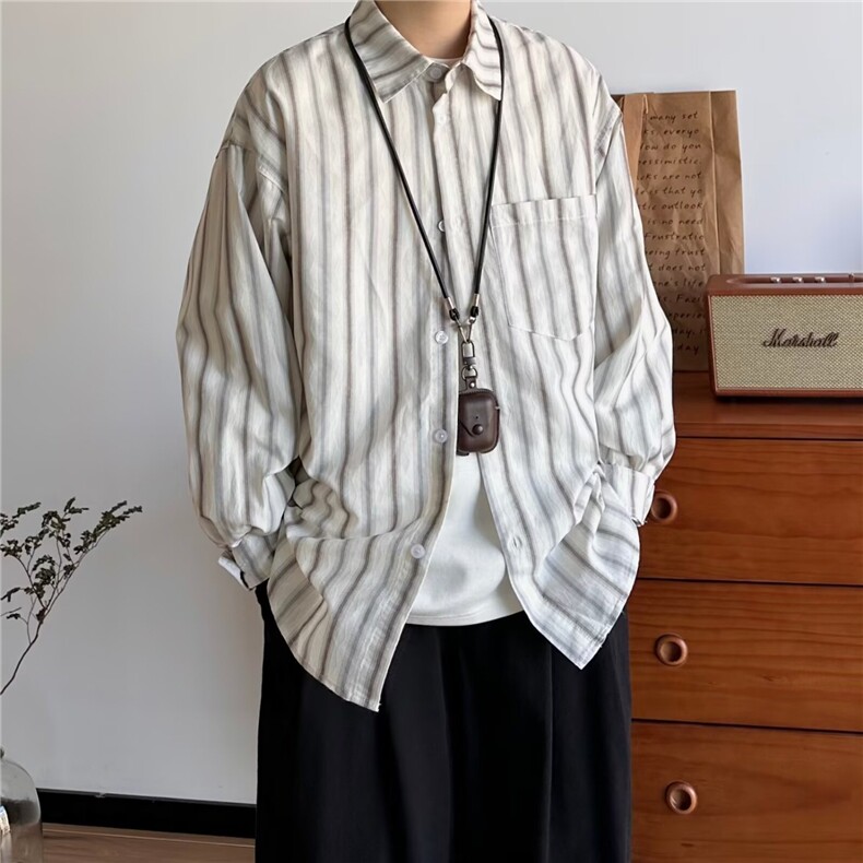 日系男美式简约复古竖条纹撞色宽松长袖衬衫男女春衬衣外套网图,男装衬衫,星座302B