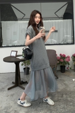灰色高级感无袖连衣裙女2025夏季新款今年流行薄纱拼接宽松T恤裙，女装连衣裙，2C258