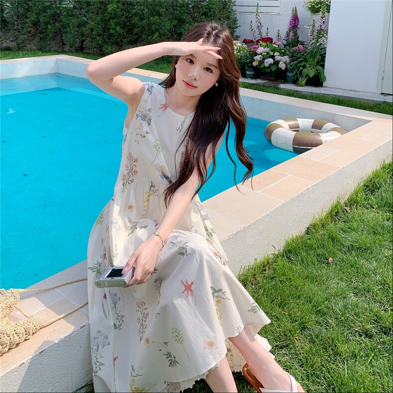 【度假风】法式轻熟风甜美收腰碎花无袖连衣裙A232-2-P125-k188,女装连衣裙,2D148