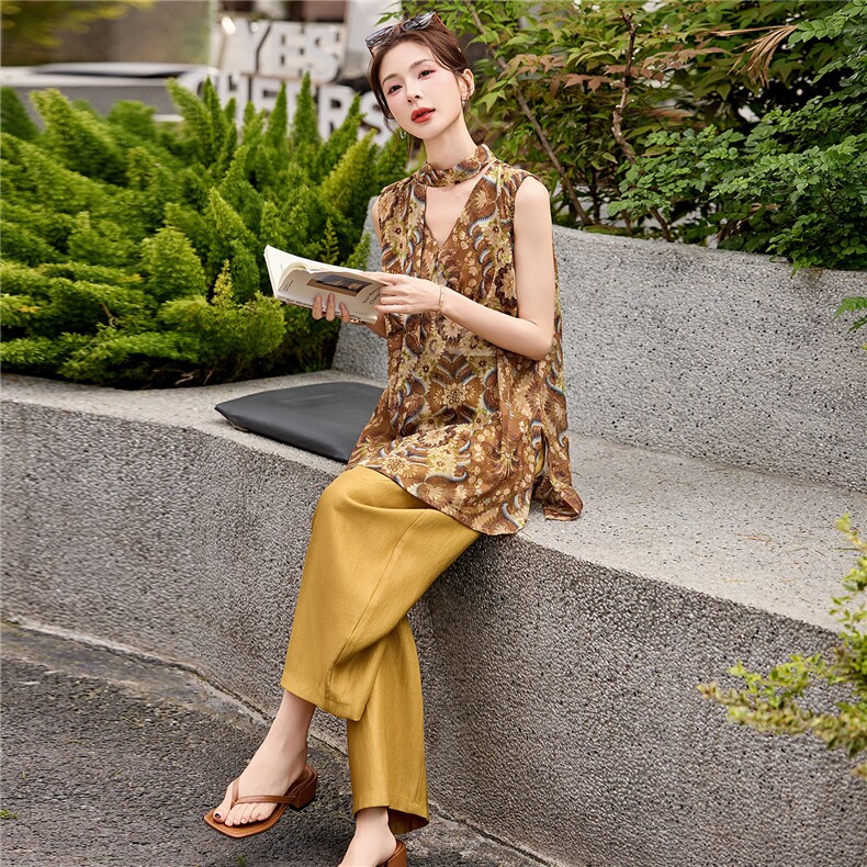 2026年夏季无袖气质透气显瘦洋气成人两件套时尚印花中性风女,女装套装/套裙,沁沁公主