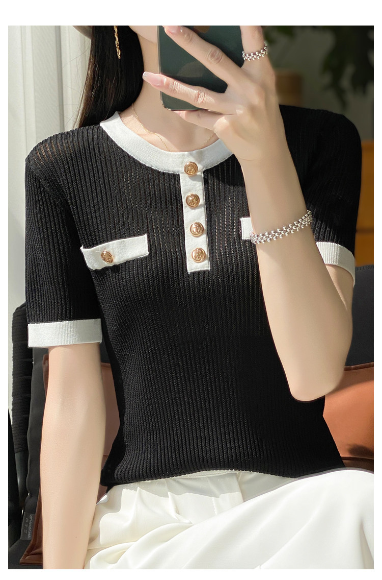 夏季小香风拼色冰丝针织短袖女圆领纽扣半袖T恤打底宽松假兜上衣，女装T恤，九嘉羊绒