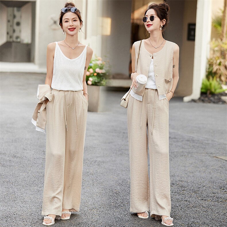 欧洲站2025夏新时尚洋气短袖开衫套装高腰显瘦阔腿长裤两件套套装，女装套装/套裙，悠米