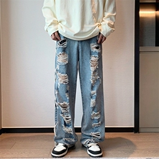 牛仔长裤男美式复古绑带设计感破洞流苏阔腿裤N089-P48，男装牛仔裤，星座308B-1