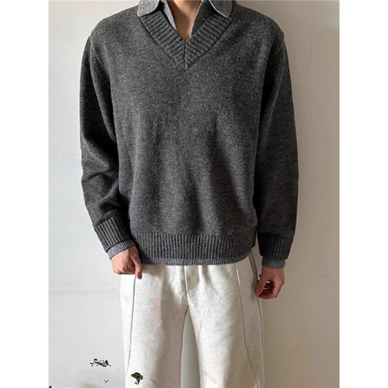 1506A/G续战D990/P53美式复古cleanfit设计感假两件V领毛衣,男装针织衫/毛衣,星座1506A