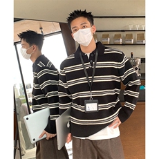 网图复古条纹撞色POLO毛衣情侣翻领长袖针织衫A025-BM1235-P55，男装针织衫/毛衣，电商A025