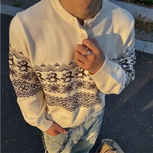 重磅秋冬装北极绒套头毛衣美式复古休闲慵懒风提花工艺针织衫外套