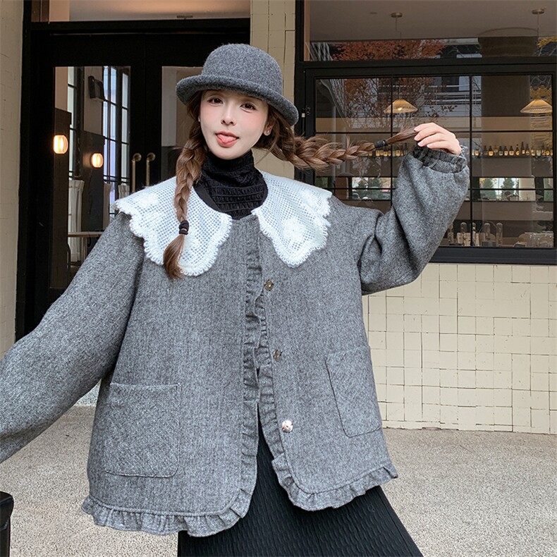 灰色千金风蕾丝娃娃领羽绒服女冬季韩系甜美减龄花边白鸭绒外套,女装毛呢外套,维壹