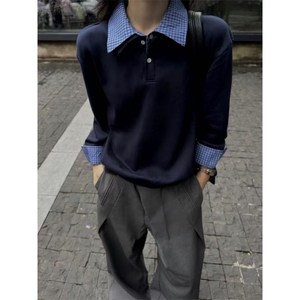 网图有货 美式复古miu系假两件polo衫长袖男女宽松上衣 A996-P48图片