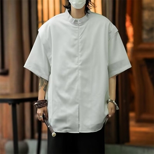 风夏男冰丝立领衬衣拉链新中式唐装双层短袖衬衫CS12 P38图片