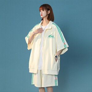中性 夏季简约印花短袖ins运动风开衫T恤外套套装 TZ653 P85控108图片