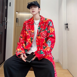 Y001男士中长款休闲风衣外套东北大花帅气大衣潮大码新中式团队服图片