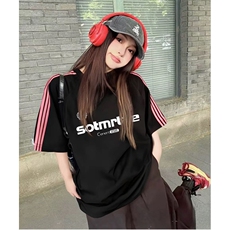 抖音得物品质二开240克宽松纯棉美式潮牌印花三条杠中性风短袖T恤，男装T恤，电商A486-1