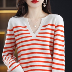 V领套头条纹毛衣女秋冬新款休闲百搭时尚长袖羊毛针织打底衫，女装羊毛衫，美轩羊绒