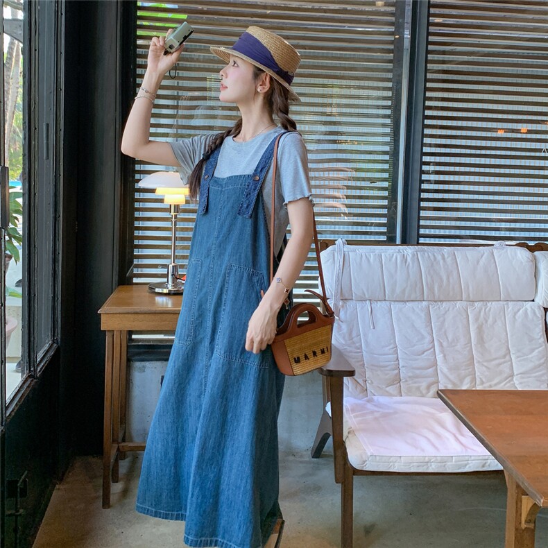 学院风减龄牛仔背带连衣裙女夏新款超好看宽松显瘦休闲t恤两件套,女装连衣裙,2C307