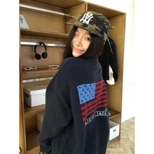 eihey诶嘿美式复古洋气旗帜图案宽松圆领修身套头连帽针织毛衣女,男装针织衫/毛衣,四季星座505