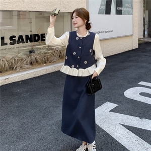 韩系温柔风穿搭套装女2025秋季新款减龄马甲打底衫半身裙三件套图片