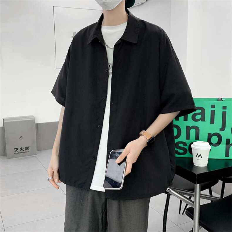 日系潮流纯色衬衫潮五分袖文艺气质学生宽松型衬衫男W3164-P25,男装衬衫,星座512-2