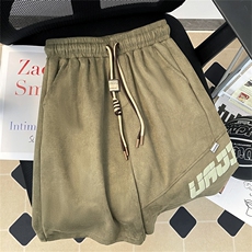 港风夏款男短裤鹿皮绒字母发泡印花拼接宽松五分裤D1072P35，男装牛仔裤，星座1013-1