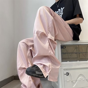 宽松显瘦休闲裤男夏季直筒阔腿拖地长裤抽绳开叉工装裤子 K69图片