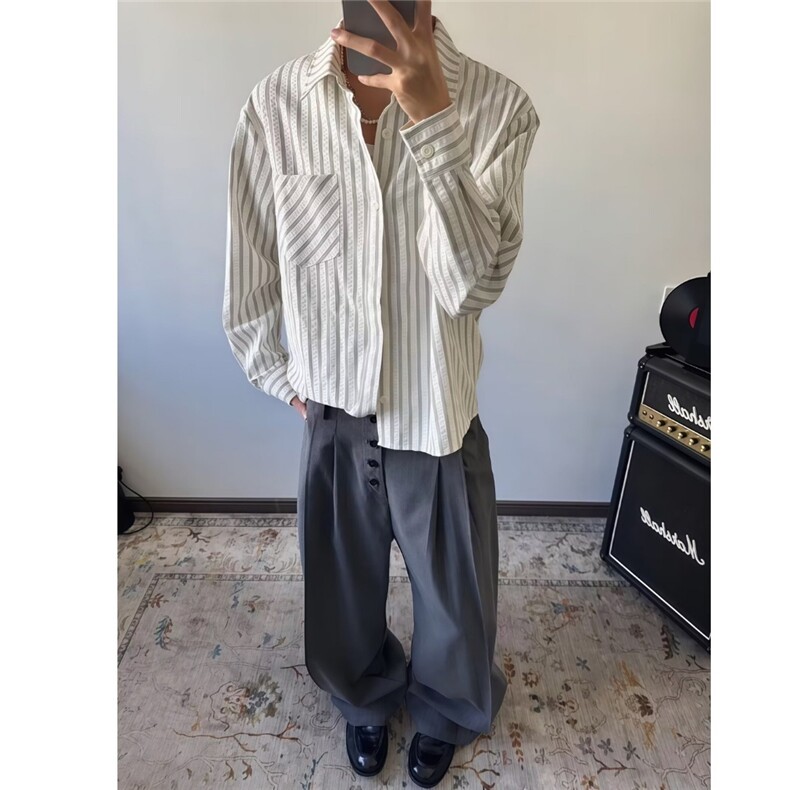 条纹衬衫外套男潮流痞帅宽松休闲少年感简约长袖衬衣WLCS911-P40,男装衬衫,星座1008