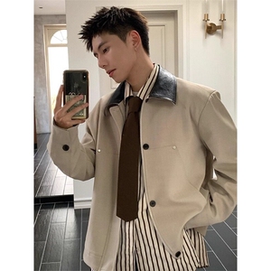 杏色拼皮夹克翻领外套 JK688 特P70图片