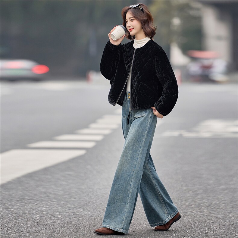 轻奢金丝绒菱格宽松休闲夹棉棉服女2025冬季独特短款保暖棉衣外套,女装棉衣/棉服,梦懿尔