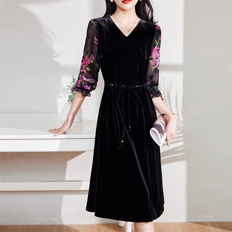 现货-新品】春装金丝绒连衣裙2024年中长款显瘦V领中长款裙子,女装连衣裙,仁梯