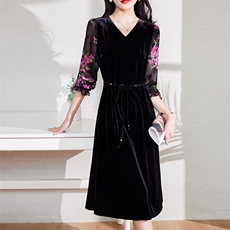 现货-新品】春装金丝绒连衣裙2024年中长款显瘦V领中长款裙子，女装连衣裙，仁梯