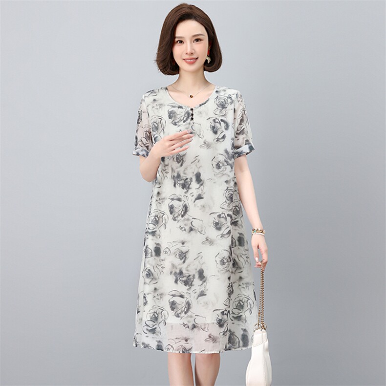高级感连衣裙女2025新款夏季大码女装遮肚子微胖妈妈减龄仿棉麻裙,女装连衣裙,鑫鑫格