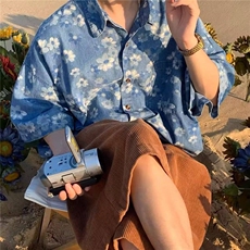 夏季慵懒感牛仔短袖衬衫男外套印花水洗半袖花衬衣WLA2044-P51，男装T恤，星座1008