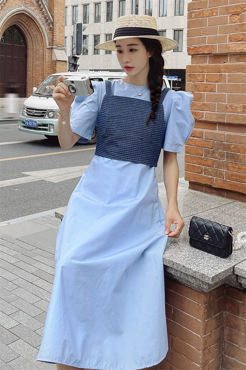 法式复古气质泡泡袖连衣裙套装女2025夏季新款显瘦背带马甲两件套,女装连衣裙,韩蜜菓
