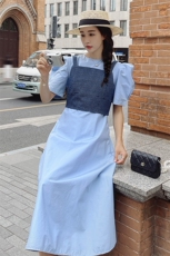 法式复古气质泡泡袖连衣裙套装女2025夏季新款显瘦背带马甲两件套，女装连衣裙，韩蜜菓