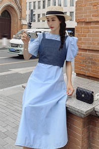 法式复古气质泡泡袖连衣裙套装女2025夏季新款显瘦背带马甲两件套图片