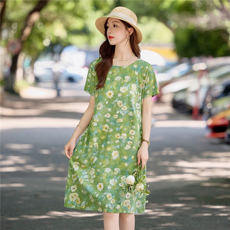 小清新绿色碎花棉麻连衣裙女2026夏季薄款宽松显瘦小个子休闲裙子,女装连衣裙,倪叶myz