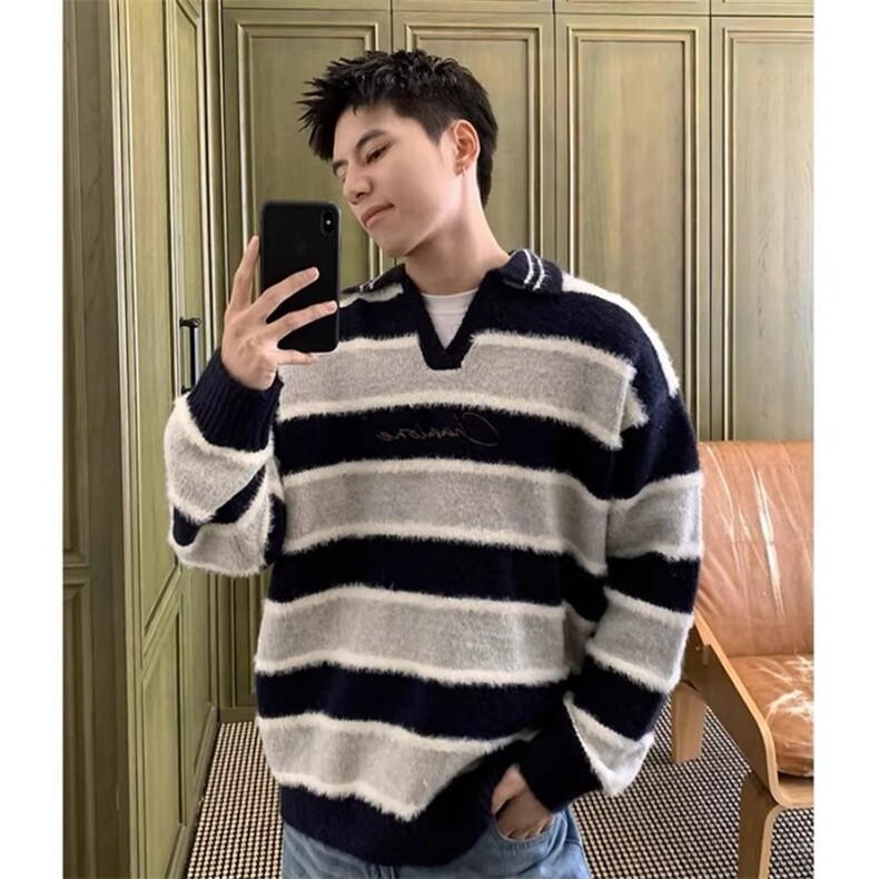 韩系蓝白撞色条纹针织衫男秋季穿搭潮牌落肩V领毛线衣MYG275,男装针织衫/毛衣,星座516A