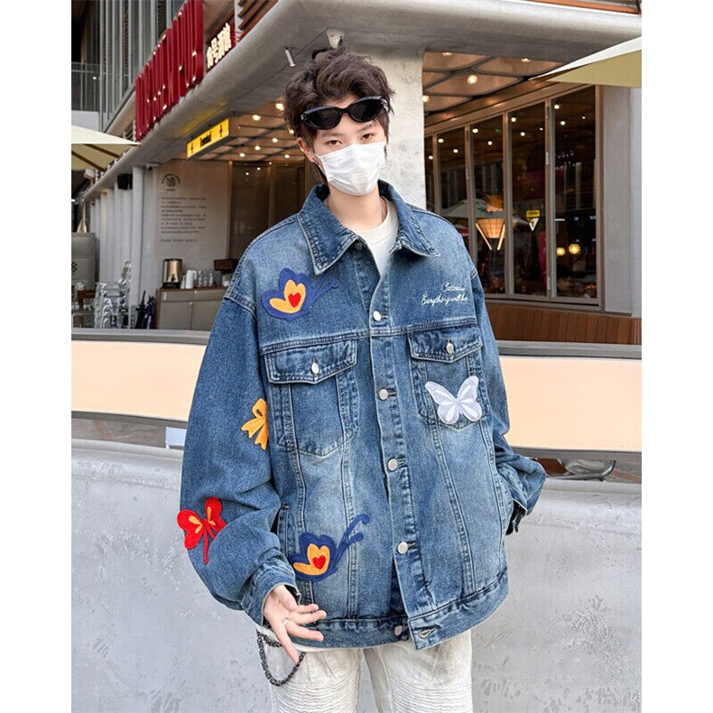 美式复古刺绣蝴蝶牛仔外套男女款宽松翻领百搭夹克潮JK08864-P70,男装夹克,星座308B-1