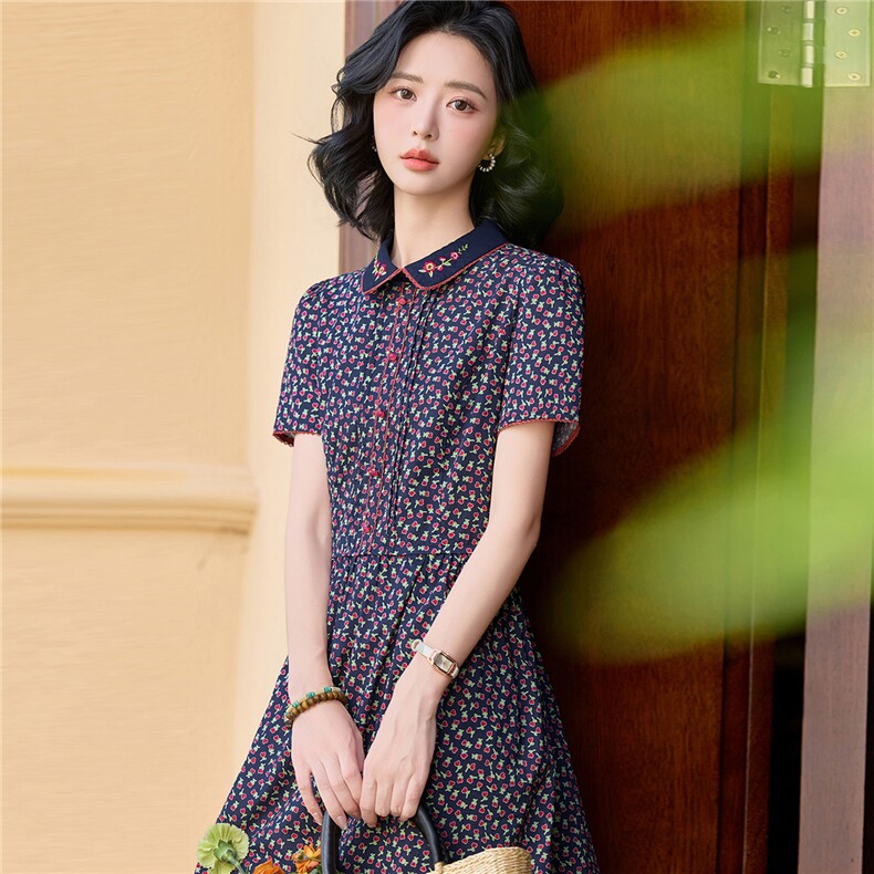 田园风碎花刺绣连衣裙女春夏收腰显瘦中长裙（细节图颜色为准）,女装连衣裙,水衣源
