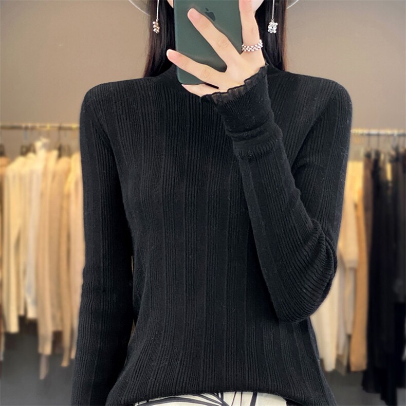 春秋打底衫精纺100%羊毛衫女半高领蕾丝边套头毛衣内搭薄针织上衣,针织衫/毛衣,凯思米羊绒