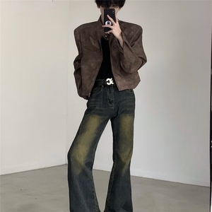 美式痞帅短款垫肩外套男飞行夹克美拉德皮衣机车服LF1001 p65特图片