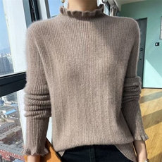 秋冬100%纯羊毛衫女花边半高领长袖坑条针织毛衣羊绒衫内搭打底衫，女装针织衫/毛衣，萱芳婷羊绒