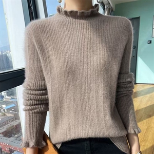 秋冬100%纯羊毛衫女花边半高领长袖坑条针织毛衣羊绒衫内搭打底衫图片