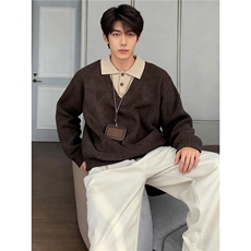 现货美式宽松复古假两件北极绒长袖毛衣男M85/P55，男装针织衫/毛衣，星座205-3