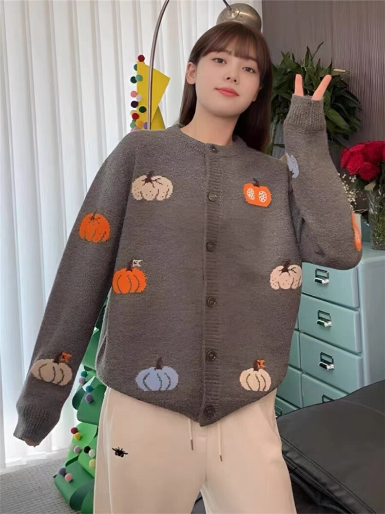 2025年秋季单排扣加厚南瓜提花时尚百搭开衫，女装针织衫/毛衣，伊绒腾羊绒