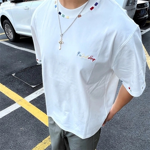 万针全刺绣工艺 高品质260克双纱纯棉美式高街短袖T恤 特P33图片
